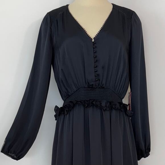 Monique Lhuillier ML Navy Satin Dress High-Low Long Sleeve V-Neck 4 NWT - Picture 5 of 16